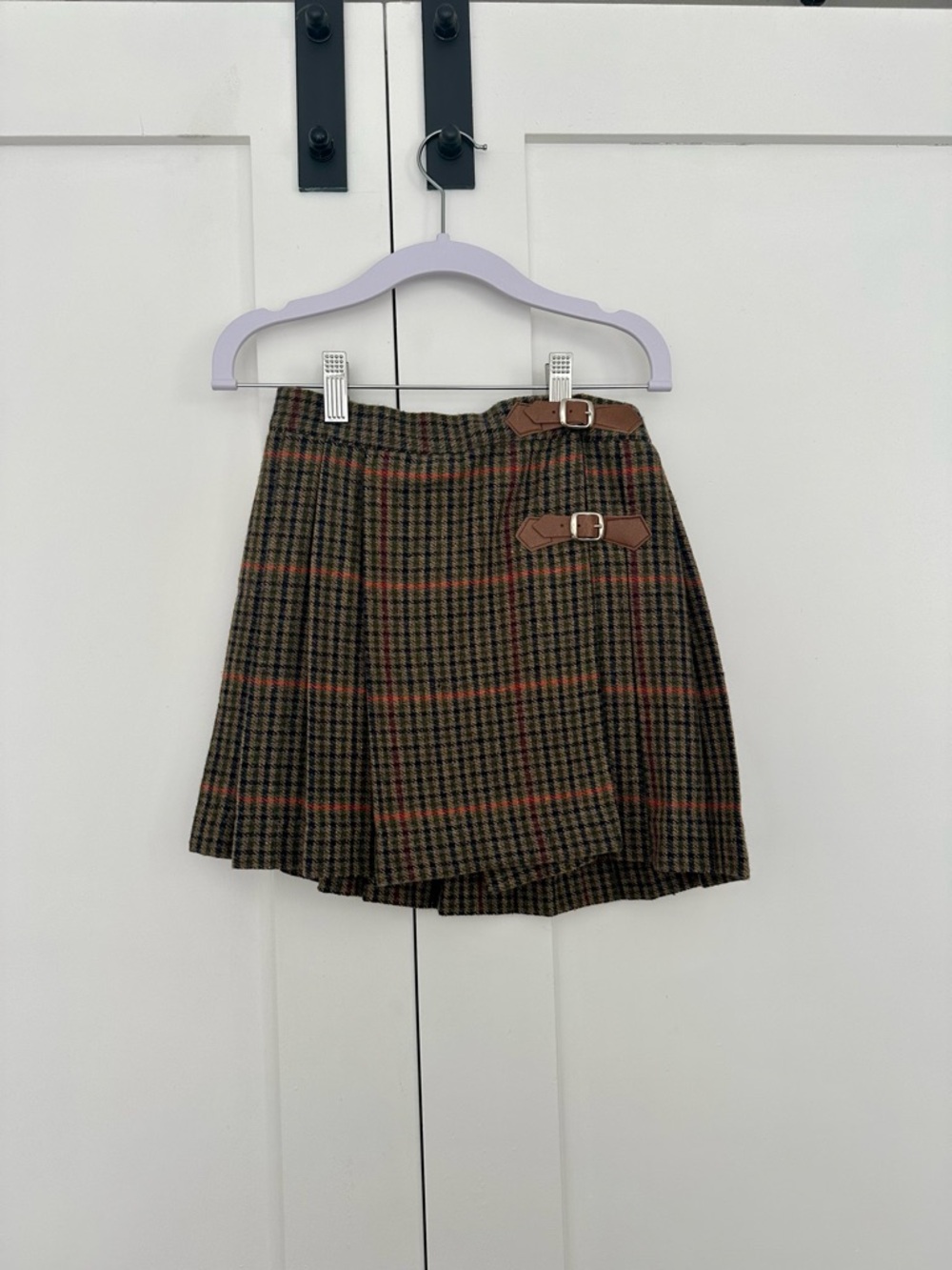 Girls Checked Tweed Kilt/Skirt with Buckle Straps — Brown/Olive
